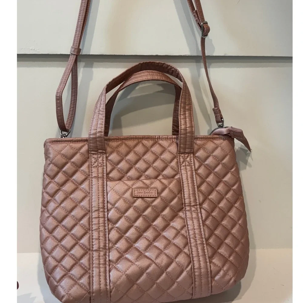 Vera Bradley Metallic Rose Gold Quilted Crossbody Tote Bag Floral Lining